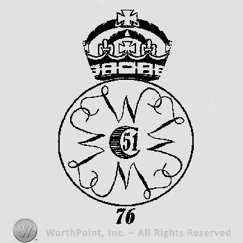 A crown over a circle that contains letter M written twice along with letters N and L, connected, around uppercase C and number 51 in the center, number 76 written below.