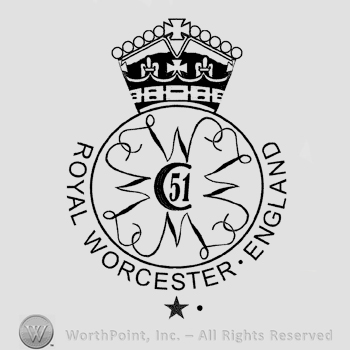 A crown over a circle that contains letter M written twice along with letters N and L, connected, around uppercase C and number 51 in the center, the text Royal Worcester England written below in uppercase letters, a star and a dot at the bottom.