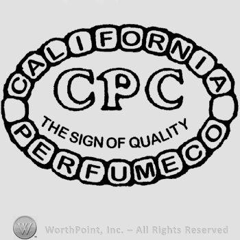 An oval design made of stones with the text California Perfume Co written in uppercase letters, letters CPC and the text The Sign of Quality written inside in uppercase letters.