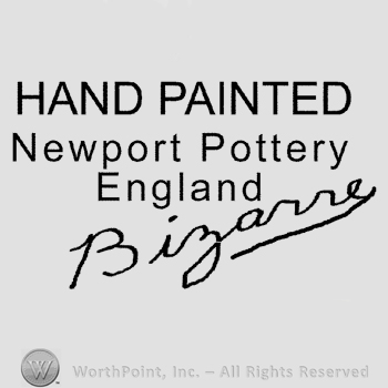 The text Hand Painted Newport Pottery England written over handwritten Bizarre.
