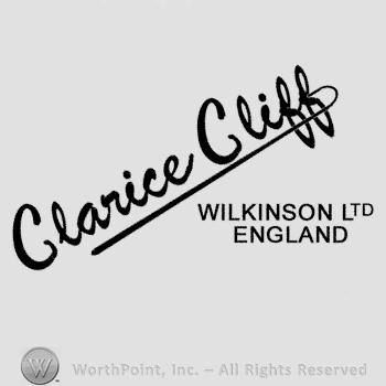 The name of Clarice Cliff handwritten and underlined, the text Wilkinson Ltd. England written below in uppercase letters.