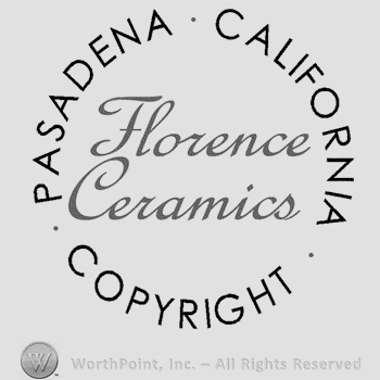 The text Florence Ceramics handwritten and the text Pasadena California Copyright written in circle in uppercase letters.