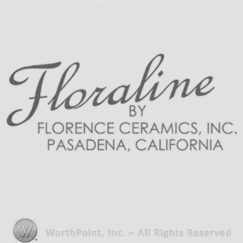 The word Floraline handwritten over the text By Florence Ceramics, Inc. Pasadena, California written in uppercase letters.