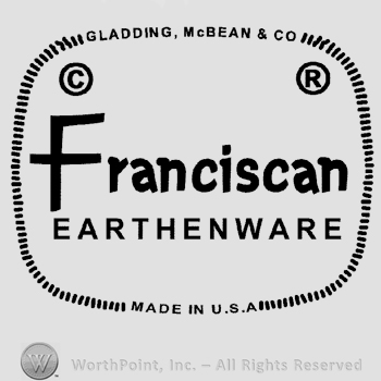 The text Franciscan Earthenware written inside a rectangular-shaped design along with the Copyright symbol and the Registered symbol, the rectangle also contains the words Gladding, McBean & Co. and Made in U.S.A., all written in uppercase letters.