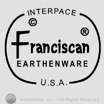 The text Franciscan Earthenware written in uppercase letters along with the Copyright symbol and the Registered symbol, inside a rectangular design, the rectangle also contains the words Interpace and U.S.A., all in uppercase letters.