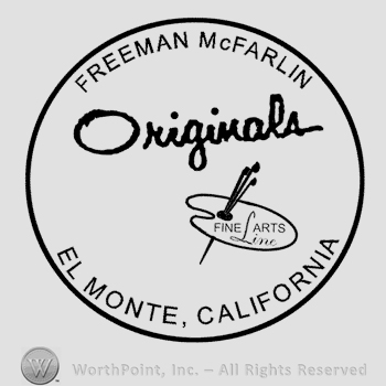 A circle, the text Freeman McFarlin El Monte, California written above and below in uppercase letters, Originals handwritten in the center over a painter's palette with brushes inside.