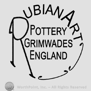 The text Rubian Art written around the text Pottery Grimwades England, all in uppercase letters.