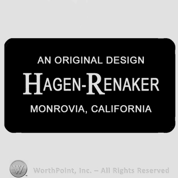 A rectangle with the text An Original Desigh Hagen-Renaker Monrovia, California written in uppercase letters.