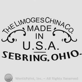 The text The Limoges China Co. written over two side ornaments and the text Made in U.S.A. Sebring, Ohio written in uppercase letters.