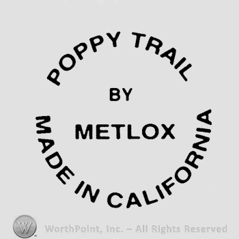 The text Poppy Trail Made in California written in circle with uppercase letters around the words By Metlox.