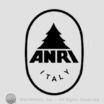 The image of a pine over the name Anri written in uppercase letters and Italy written lower, all inside an oval.
