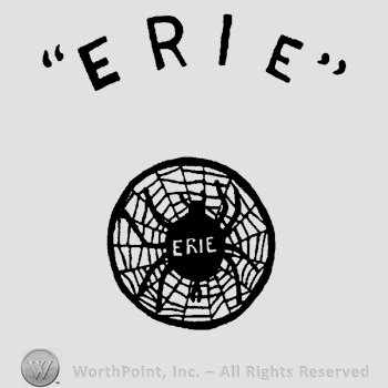 The word Erie written in uppercase letters between quotation marks over a spider web with a spider, Erie written on it's back.