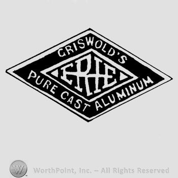 The word Erie written inside a diamond logo, Griswold's Pure Cast Aluminum written around it in uppercase letters.