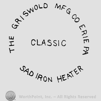 The text The Griswold MFG Co Erie PA Sad Iron Heater written in uppercase letters, in circle, around the word Classic written also in uppercase letters.