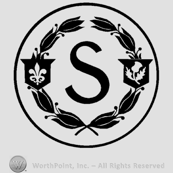 Uppercase letter S surrounded by a circle of branches with two shields on sides, shield on the left has a fleur de lis on it, shield on the right has a flower on it, all inside a circle.