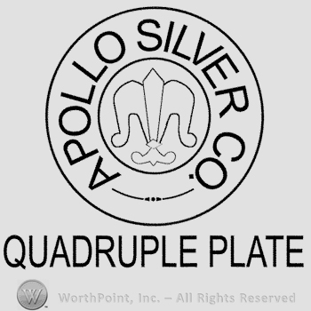 A double-lined circle with a fleur de lis in the center and the text Apollo Silver Co. written around it in uppercase letters, Quadruple Plate written below in uppercase letters.