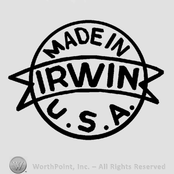A globe with a ribbon over it, the text Made in USA Irwin written on it in uppercase letters.