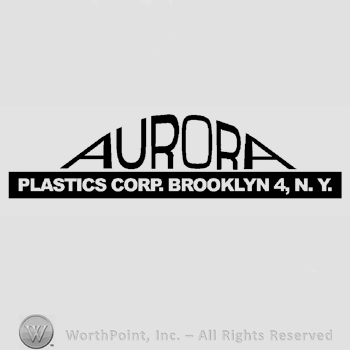 The name Aurora written in uppercase letters over the text Plastics Corp. Brooklyn 4, N.Y., also in uppercase letters.
