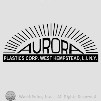 The name Aurora written in uppercase letters with radii, like a sun, over the text Plastics Corp. West Hempstead, LI, New York, also in uppercase letters.
