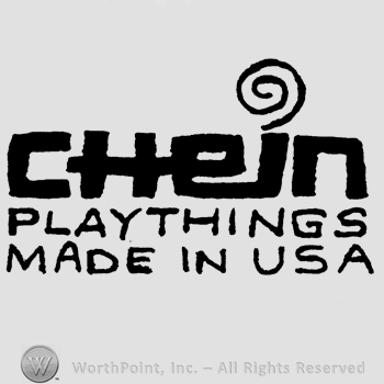 The name Chein written in uppercase letters with a spiral over letter I, the words Playthings Made in USA written below.