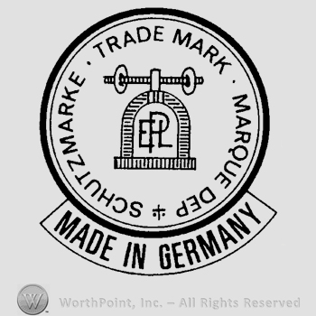 A circle with a stylized window in the center and conjoined letters EPL written inside, the text Schutzmarke Trade Mark Marque Dep. written in uppercase letters around the window, Made in Germany written outside the circle, below.