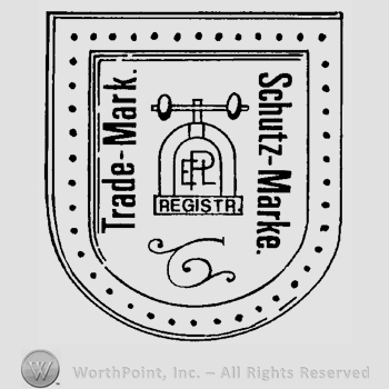 A shield design with a stylized window inside with letters EPL written on it and Registr. below, the text Trade Mark and Schutzmarke written on sides.