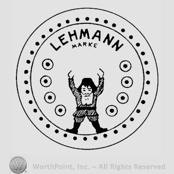 A circle with dots around it, on the inside, a man with his arms raised, Lehmann Marke written in uppercase letters along with four smaller circles with dots inside on the sides of the man.