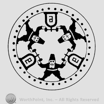 An incised circle with dots around it, three small men inside holding three bells with a symbol written on it.
