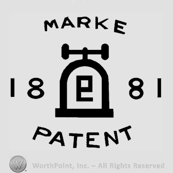 The image of a bell with reversed number 9 written on it, Marke written above and Patent written below, number 1881 written split on sides.