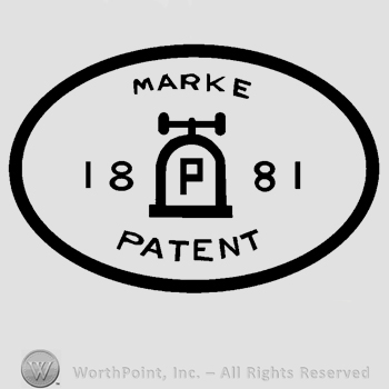 The image of a bell with letter P written on it, Marke written above, Patent written below, number 1881 written split on sides, all inside an oval.