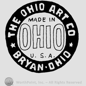 The text The Ohio Art Co. Bryan Ohio written in uppercase letters around the text Made in Ohio U.S.A. written also in uppercase letters, all inside a circle.