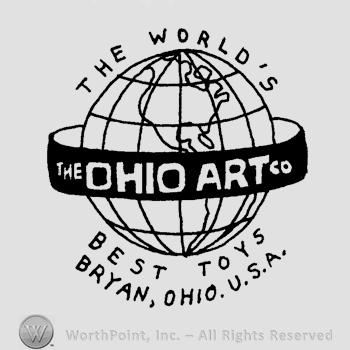 A globe with a ribbon around it with the words The Ohio Art Co written in uppercase letters, The World's Best Toys Bryan, Ohio, U.S.A. written above and below the globe in uppercase letters.