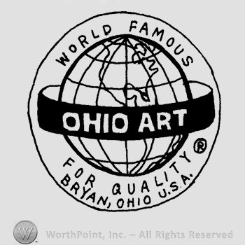 A globe with a ribbon around it with the words Ohio Art written in uppercase letters, World Famous For Quality Bryan, Ohio, U.S.A. written in uppercase letters around the globe, all inside a circle.