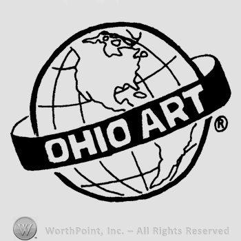 A globe with a ribbon, the text Ohio Art written in uppercase letters on the ribbon.