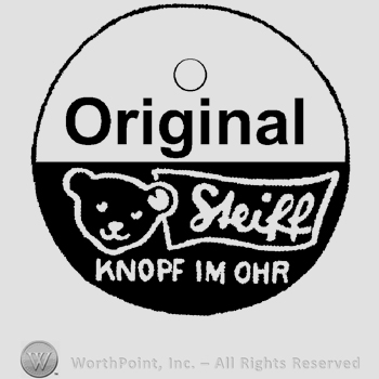 A circle with Original written over a teddy-bear's head, Steiff written inside a rectangle and the text Knpf Im Ohr written at the bottom.