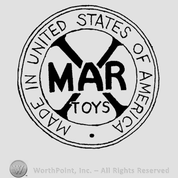A circle with the text Made in United States of America written around letters MAR and a capital large X in the background, Toys written smaller.