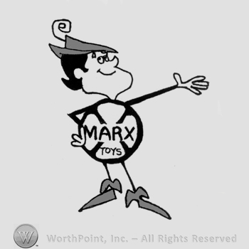 A toy also known as Magis Marxie with a hat and left arm raised, his body is a circle with the inscription MAR over a large letter X and the word Toys written at the bottom.