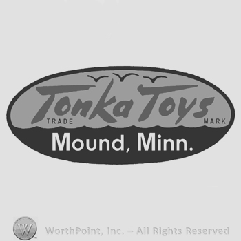 The name Tonka Toys written with a seaside scenery in the background, the text Mound. Minn. written below, all inside an oval design.