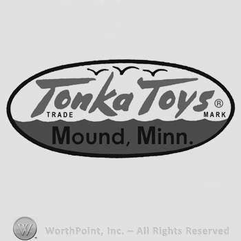 The name Tonka Toys written with a seaside scenery in the background, the text Mound. Minn. written below, all inside an oval design.