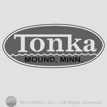 The name Tonka written on a waved line, Mound Minn. written below in uppercase letters, all inside an oval.