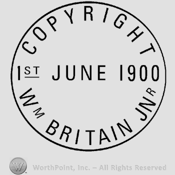 A circle with the text 1st June 1900 written in the center and the text Copyright WM Britain JNB written around it, all in uppercase letters.