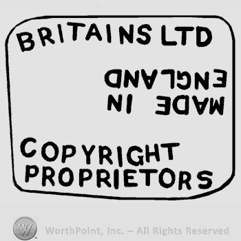 A rectangle with the text Britains LTD. Made in England Copyright Proprietors, all written in uppercase letters, Made in England is written upside-down.