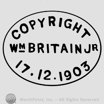 An oval with the text Copyright Wm. Britain Jr. 17.12.1903, all in uppercase letters.