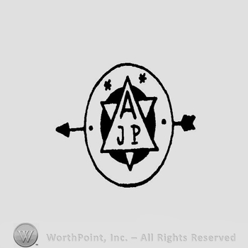 A circle with two overlapping triangles that form a star with the initials A J P inside and with an arrow