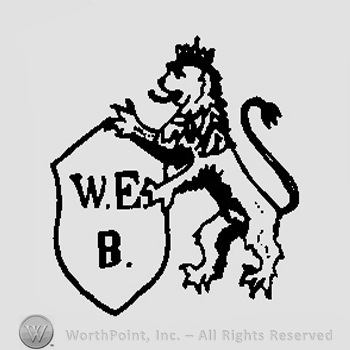 A pranced crowned lion holding a shield with the initials W. E. B.