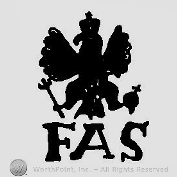 A crowned eagle with spread wings holding a scepter and a cross above the initials FAS