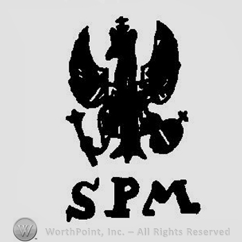 A crowned eagle with spread wings holding a scepter and a cross above the initials SPM