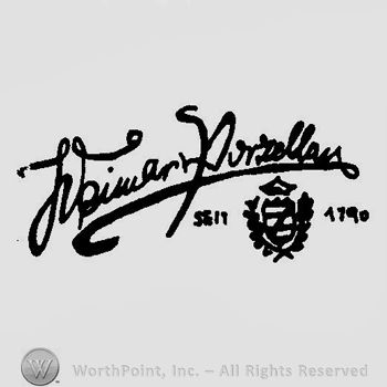 A signature with Weimar Porzellan above a crown, a shield and two branches with leaves and the text Seit 1790