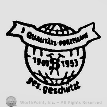 The earth globe with a banner that says Qualitats Porzellane and 1903 - 1953 ges. Geschutzt