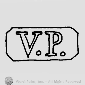 A rectangle with cut corners with the initials V P inside